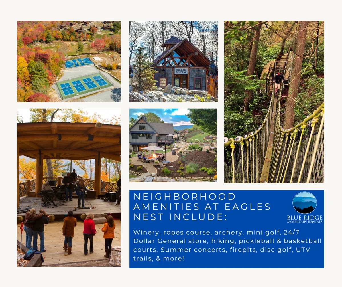 This exterior image captures a vibrant community setting, featuring a ropes course, outdoor stage for concerts, wooden gazebo, nearby luxury homes, tennis courts, and a swinging bridge. The environment is lively, welcoming, and packed with visible amenities, with people engaged in outdoor activities and gatherings.